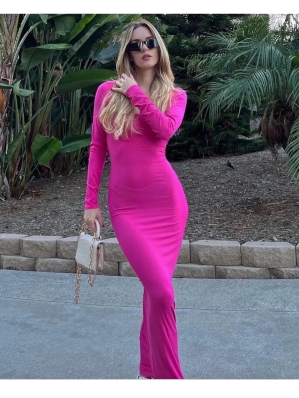 SKIMS Soft Lounge Long Sleeve Maxi Dress Large Fuchsia Foil Metallic Large Rare - Picture 5 of 10